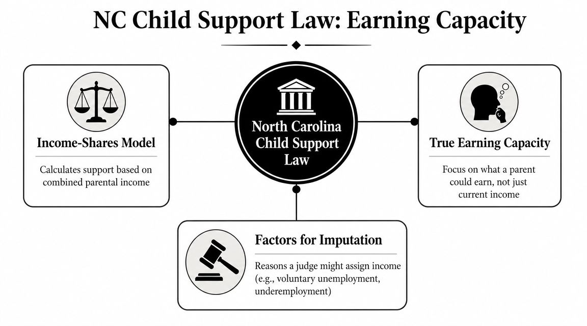 An infographic showing the three main components of North Carolina child support law and earning capacity concepts.