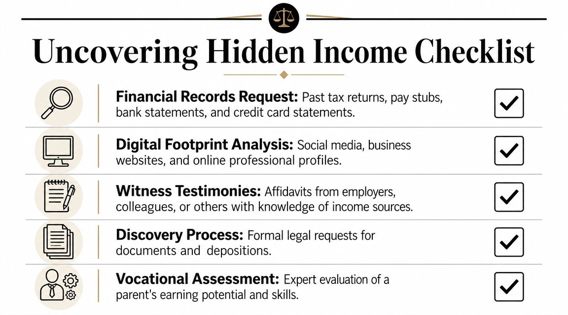 A checklist titled Uncovering Hidden Income detailing legal steps to find undeclared income in child support cases.