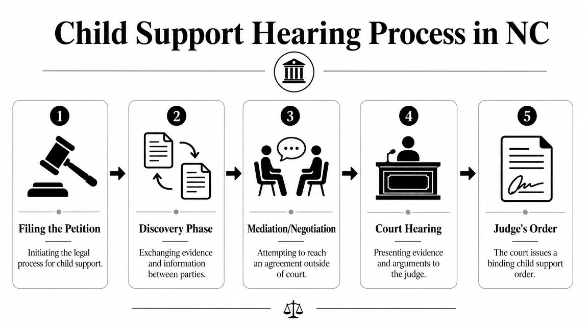 A flowchart showing the five steps of the child support hearing process in North Carolina.
