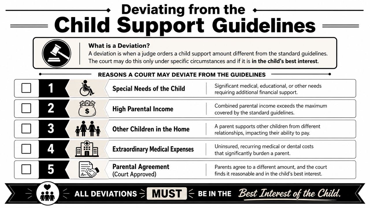 An infographic explaining the five common legal reasons why a court may deviate from standard child support guidelines.