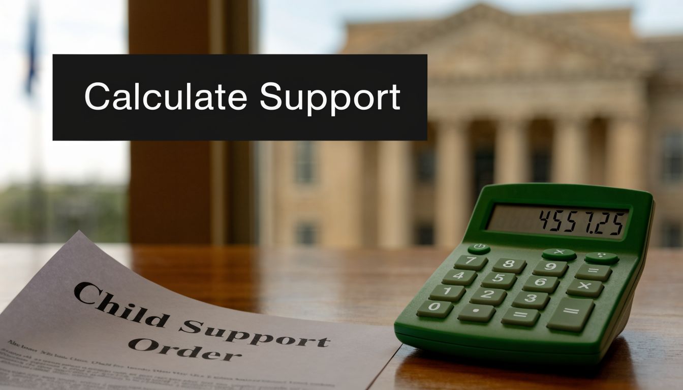 A green calculator displaying 4557.25 next to a paper document labeled Child Support Order on a desk.