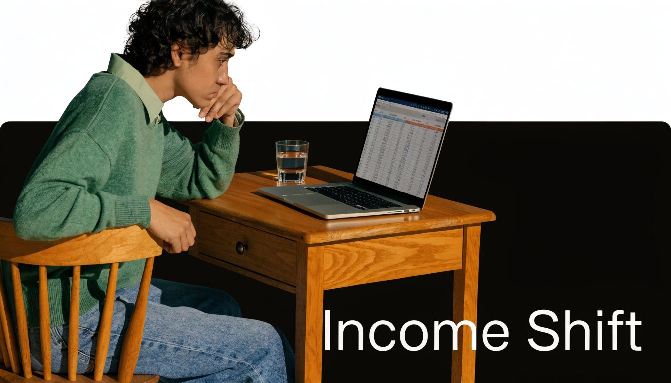 A young person sits at a wooden desk looking thoughtfully at financial data on a laptop screen.