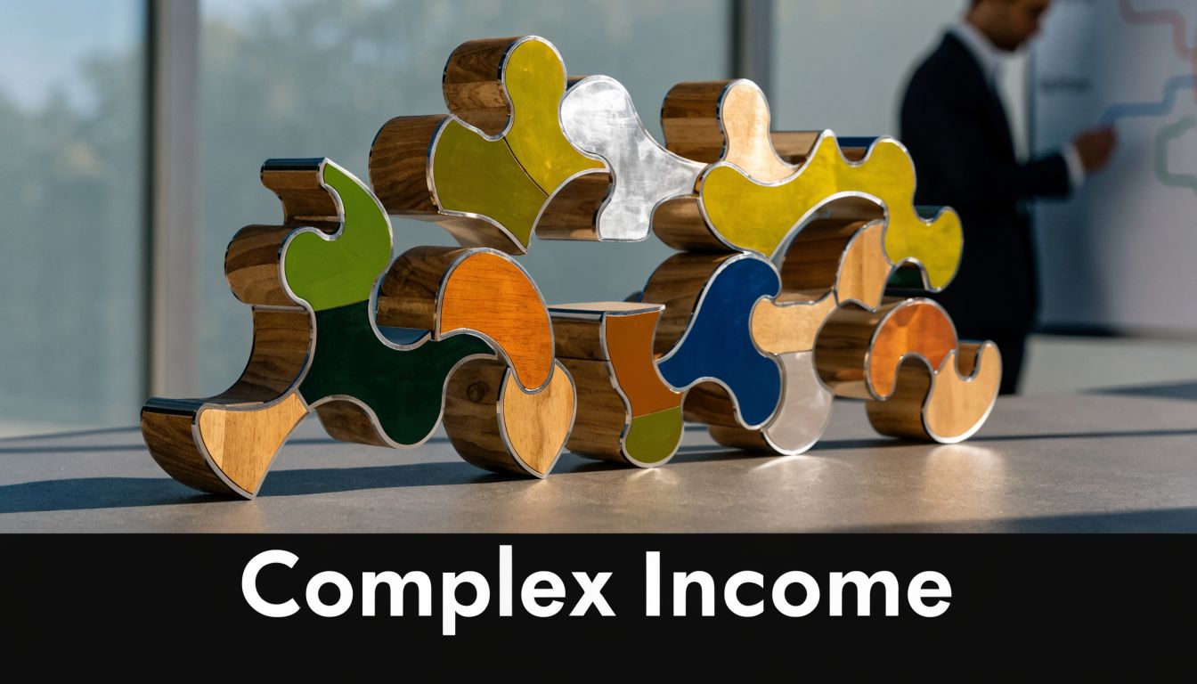 A modern decorative sculpture resembling puzzle pieces on a table with a professional in the background.