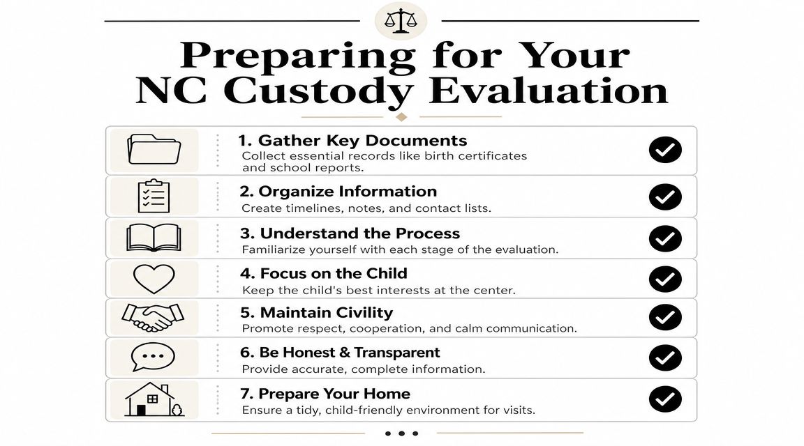 An infographic titled Preparing for Your NC Custody Evaluation outlining seven essential preparation steps with icons.
