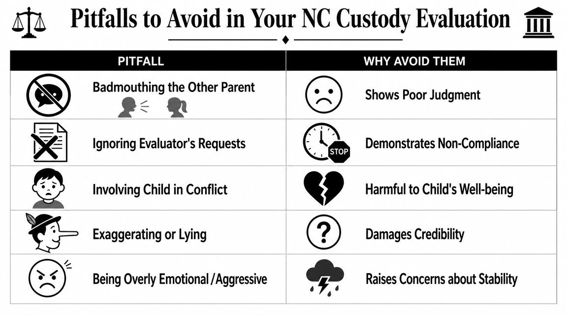 A chart illustrating key mistakes to avoid during a North Carolina child custody evaluation process.