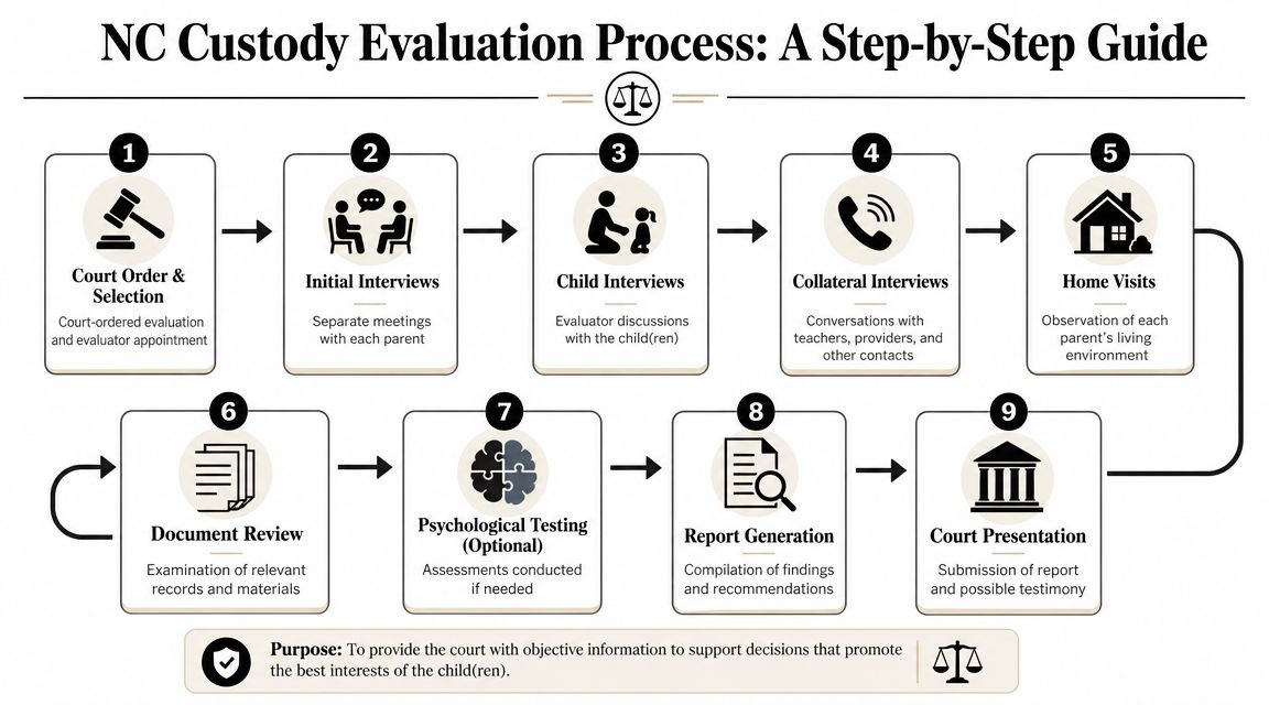 A nine-step infographic outlining the North Carolina child custody evaluation process from court order to presentation.