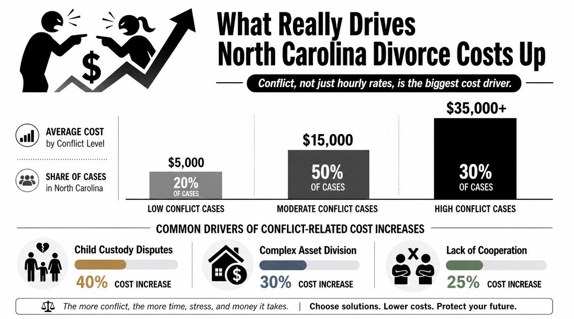 An infographic showing that high conflict increases North Carolina divorce costs with data on cost levels and drivers.
