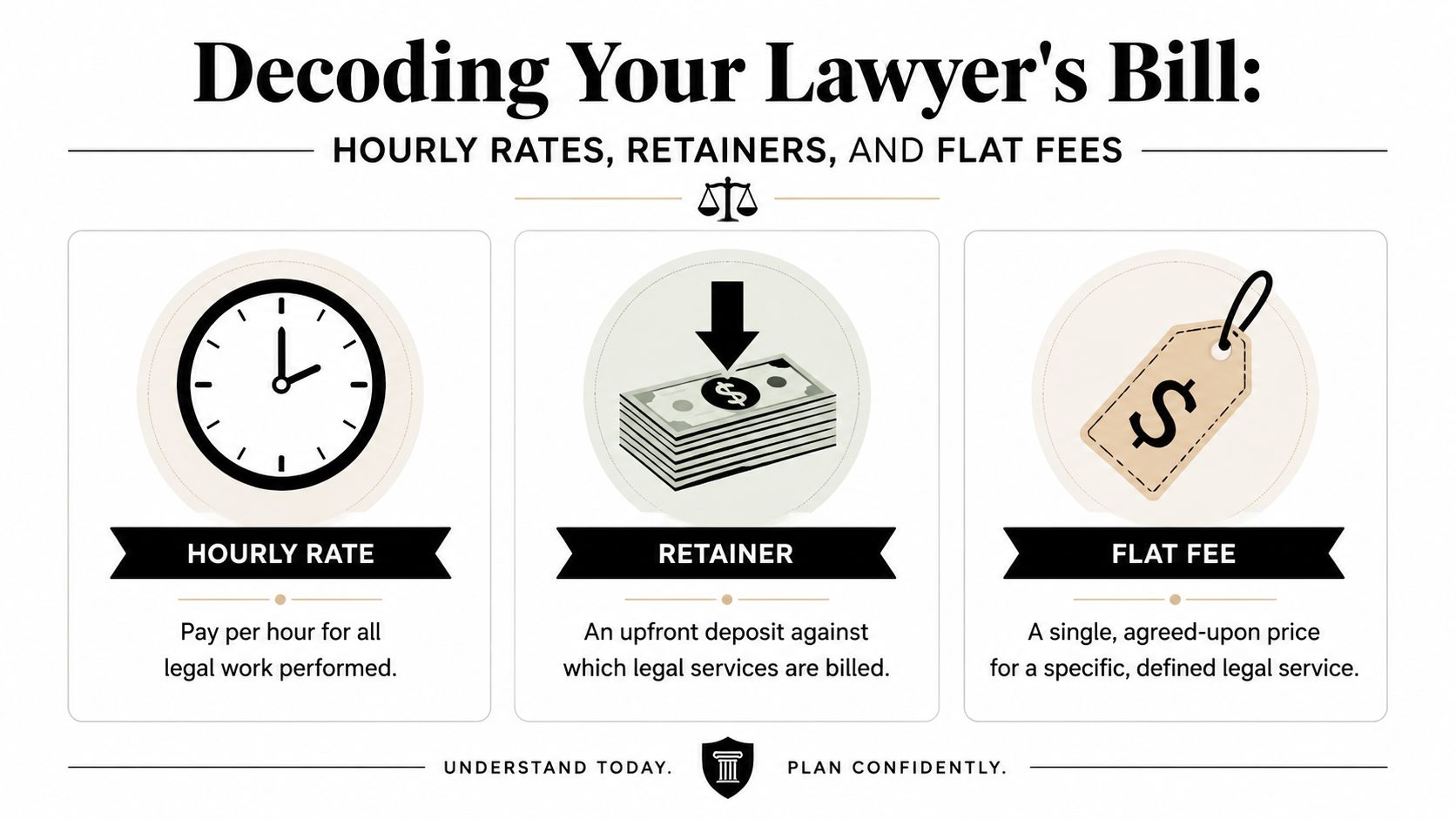 An infographic explaining lawyer billing structures including hourly rates, retainers, and flat fees for legal services.