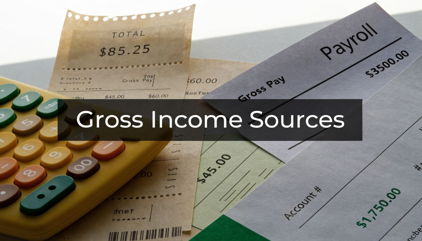 Calculator placed on top of various financial documents like receipts and a payroll stub.