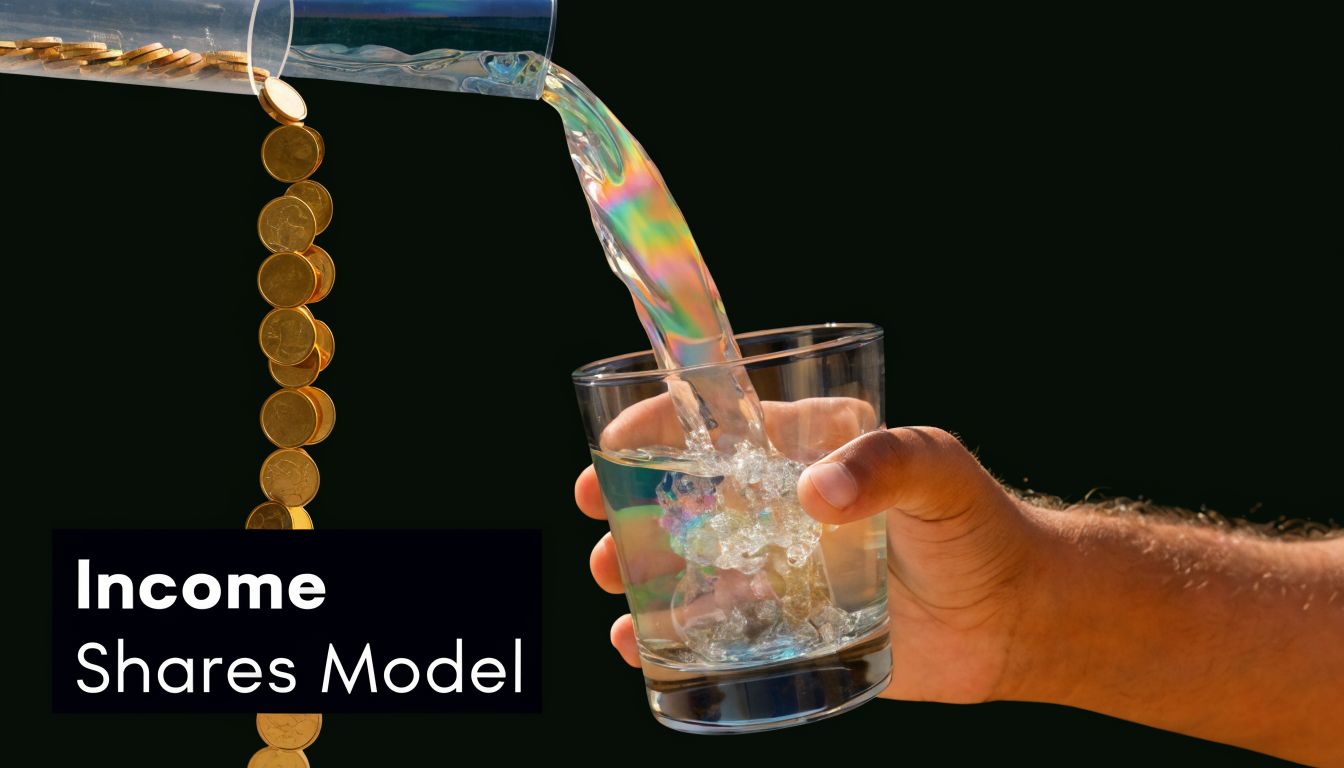 A hand holds a glass while golden coins transform into flowing liquid, representing the Income Shares Model concept.