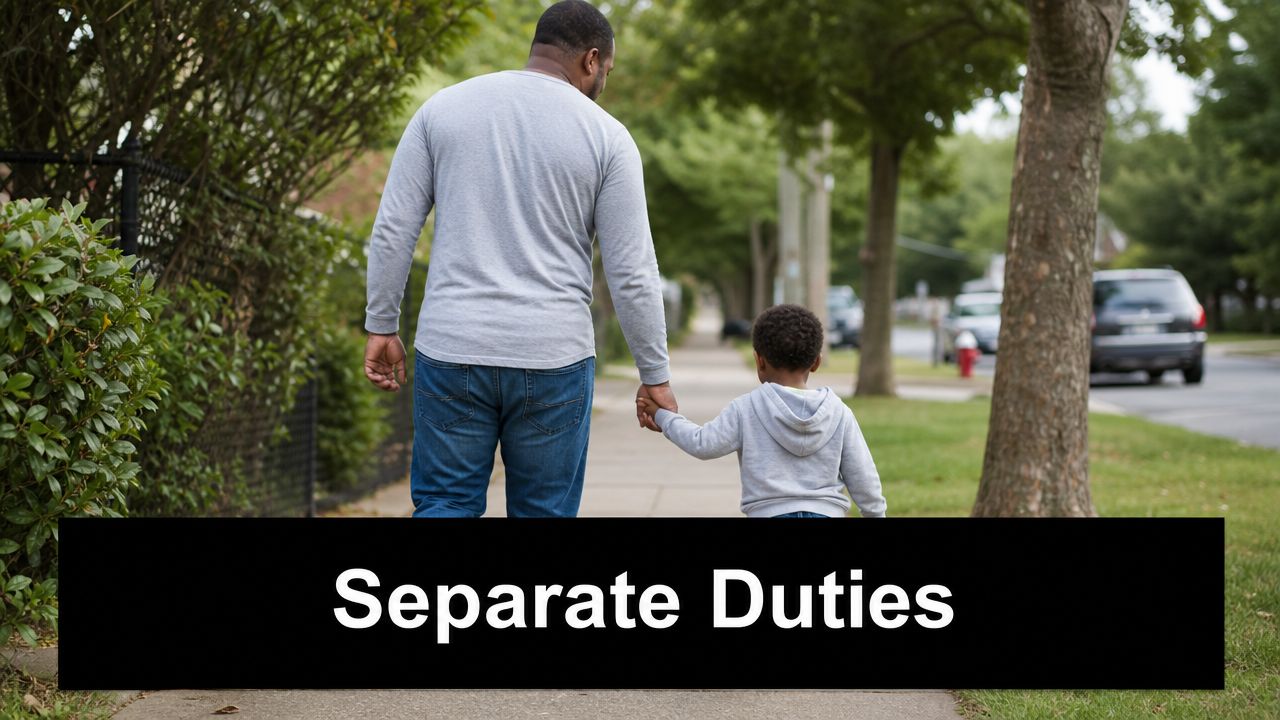 A father and his young son walking together while holding hands on a neighborhood sidewalk.