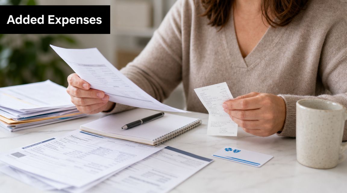 A woman reviewing financial documents and receipts at a table while calculating expenses for child support.