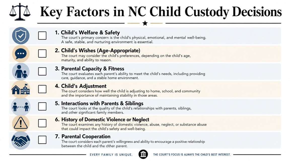 An infographic detailing seven key factors courts in North Carolina consider when making child custody decisions.