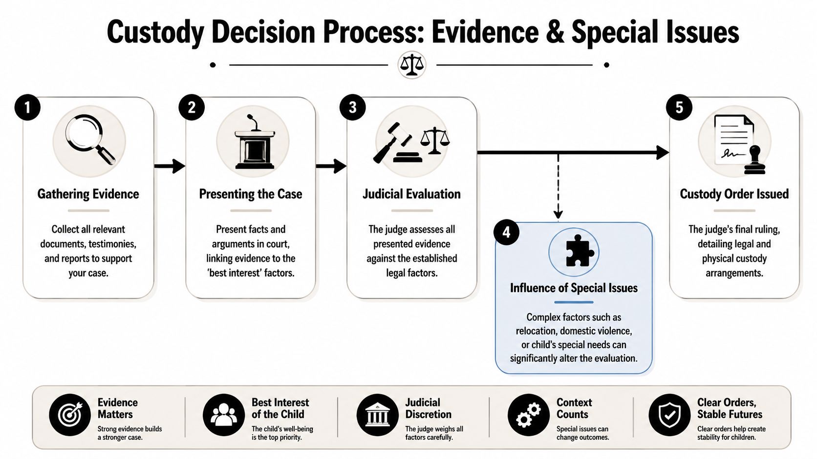 A flowchart infographic detailing the five-step legal process judges follow to make child custody decisions.