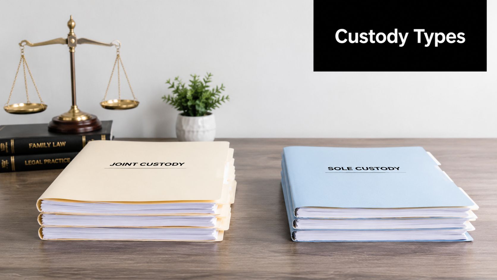 A legal concept image showing folders labeled joint custody and sole custody with a scales of justice.