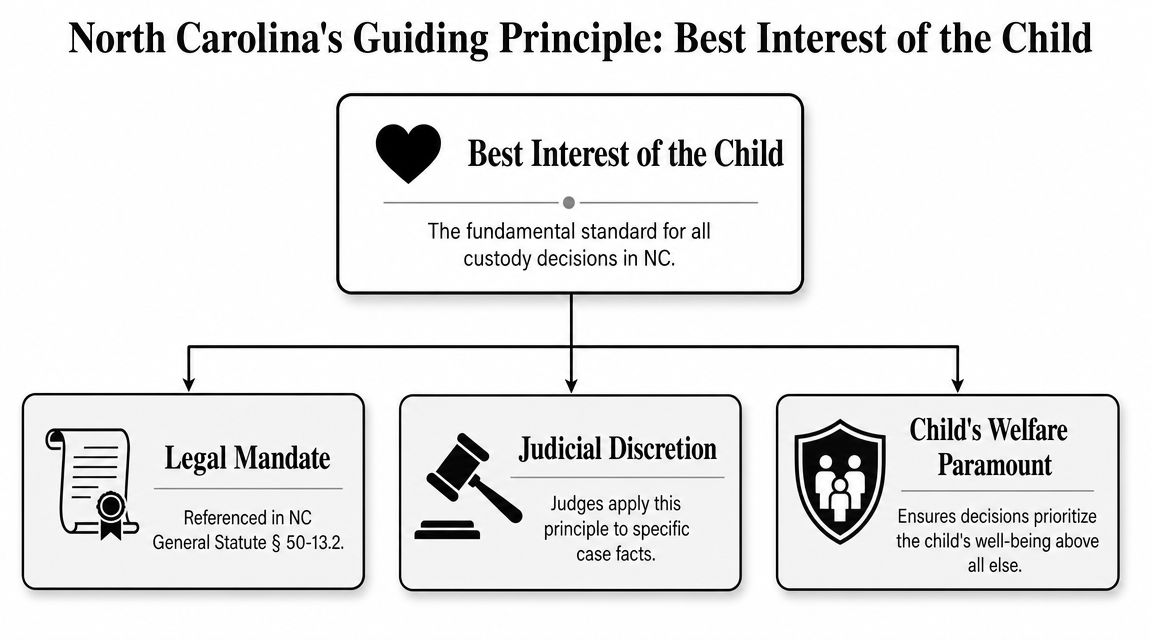 A flowchart explaining the best interest of the child standard for North Carolina child custody decisions.