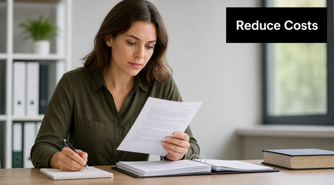 A professional woman reviews documents while taking notes at her desk with a focus on cost reduction.