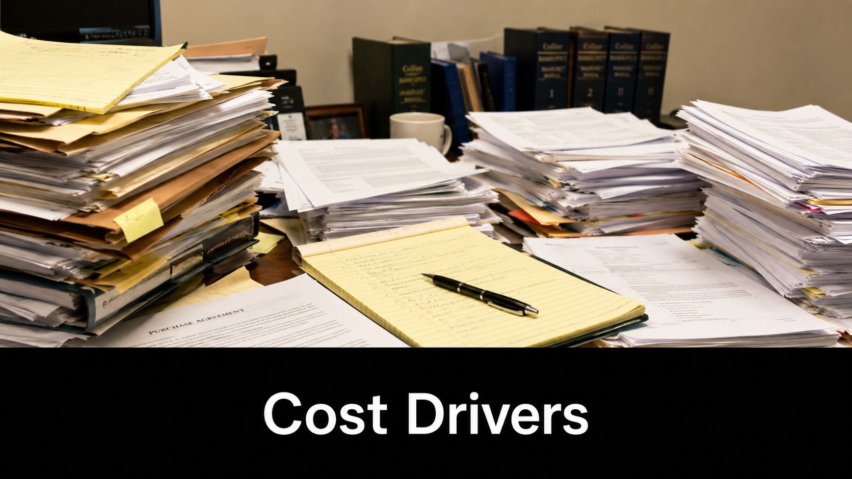 A cluttered lawyer's desk overflowing with stacks of legal documents and files with a pen on notepad.