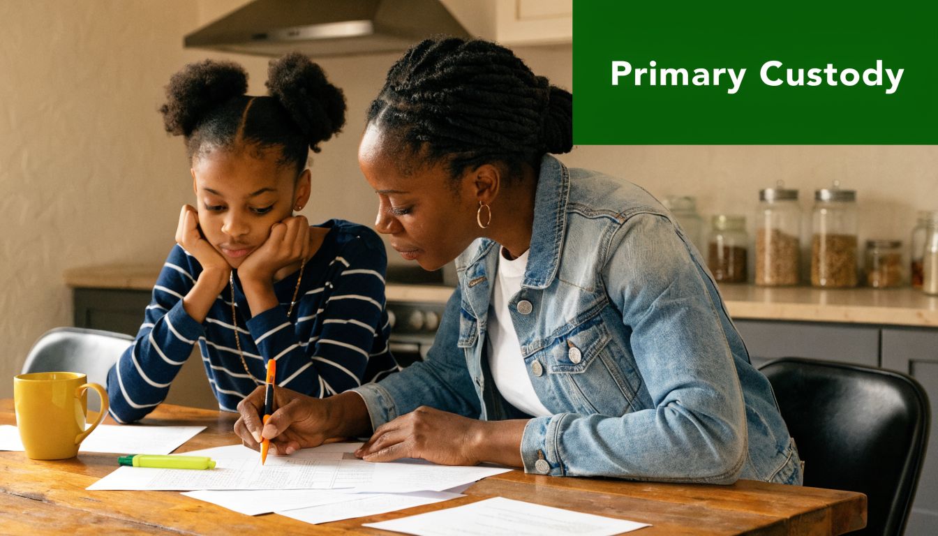 A mother helping her young daughter with homework at a kitchen table in a home setting.