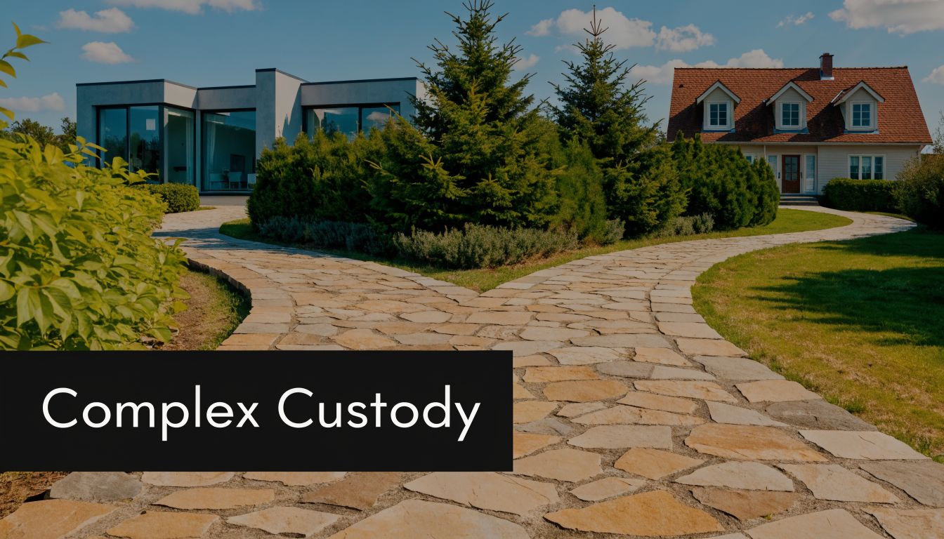 A stone pathway splitting into two directions towards a modern house and a traditional home.