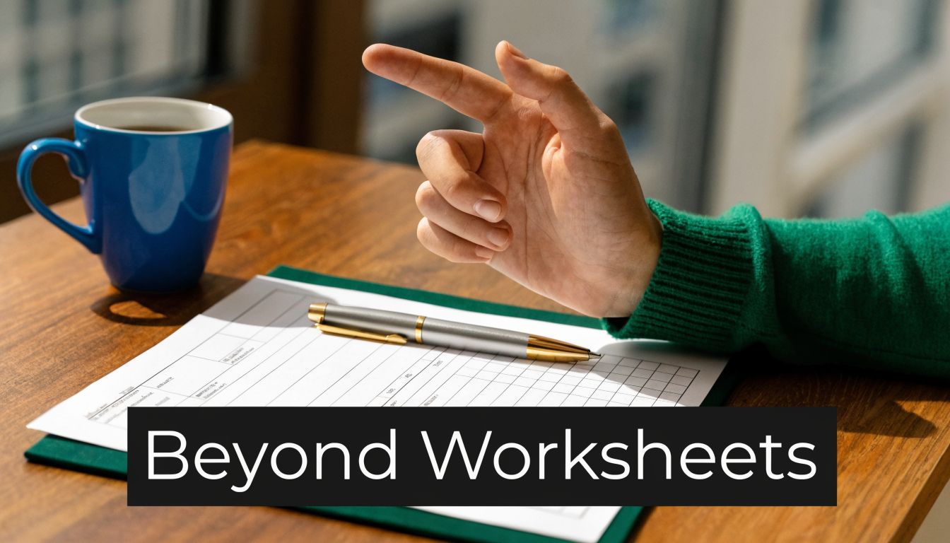 A person in a green sweater gesturing over a document on a desk next to a blue mug.