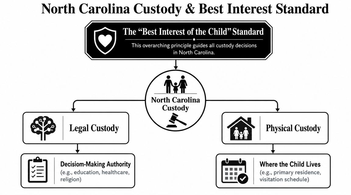 A diagram explaining North Carolina custody laws including legal custody, physical custody, and the best interest standard.