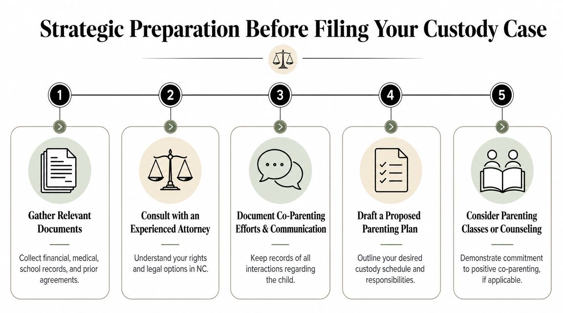A five-step infographic outlining strategic preparation steps for filing a child custody case in North Carolina.