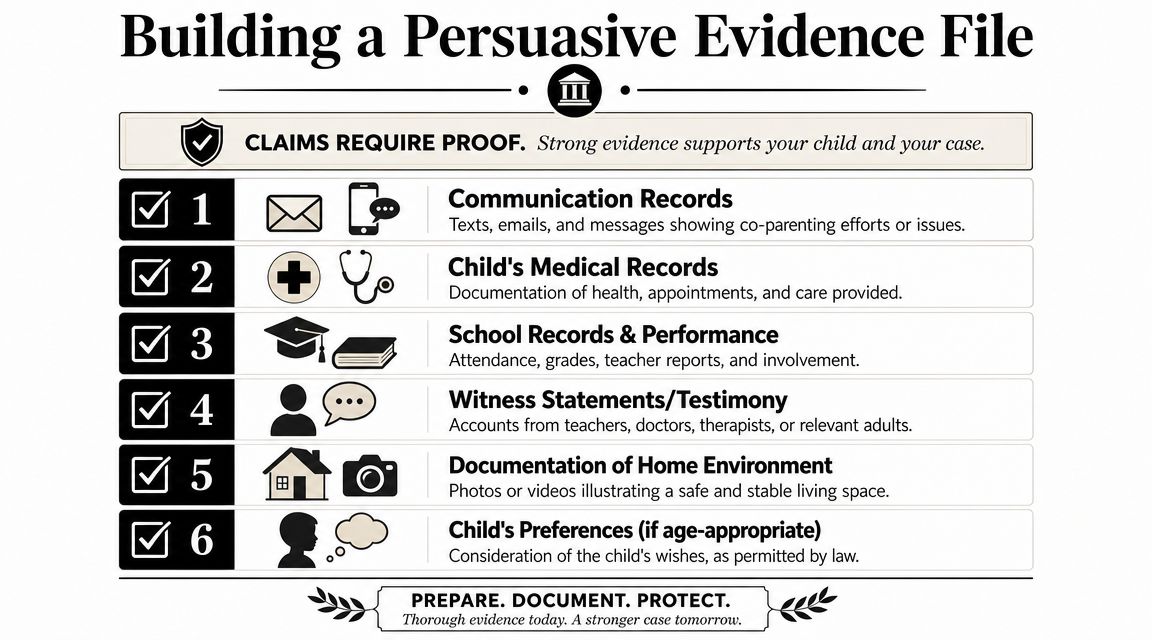 A checklist infographic titled Building a Persuasive Evidence File outlining six types of documentation for custody cases.