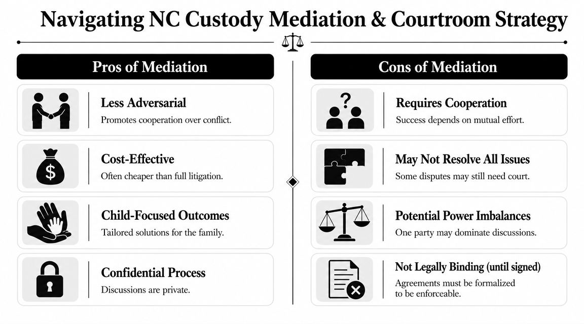 A comparison chart outlining the key pros and cons of mediation in North Carolina child custody cases.