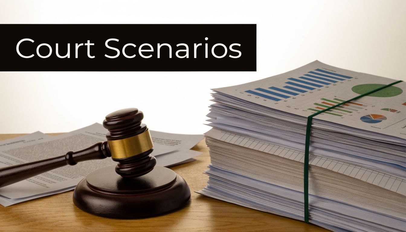 A wooden judge gavel placed beside a thick stack of legal documents and financial charts on wood.