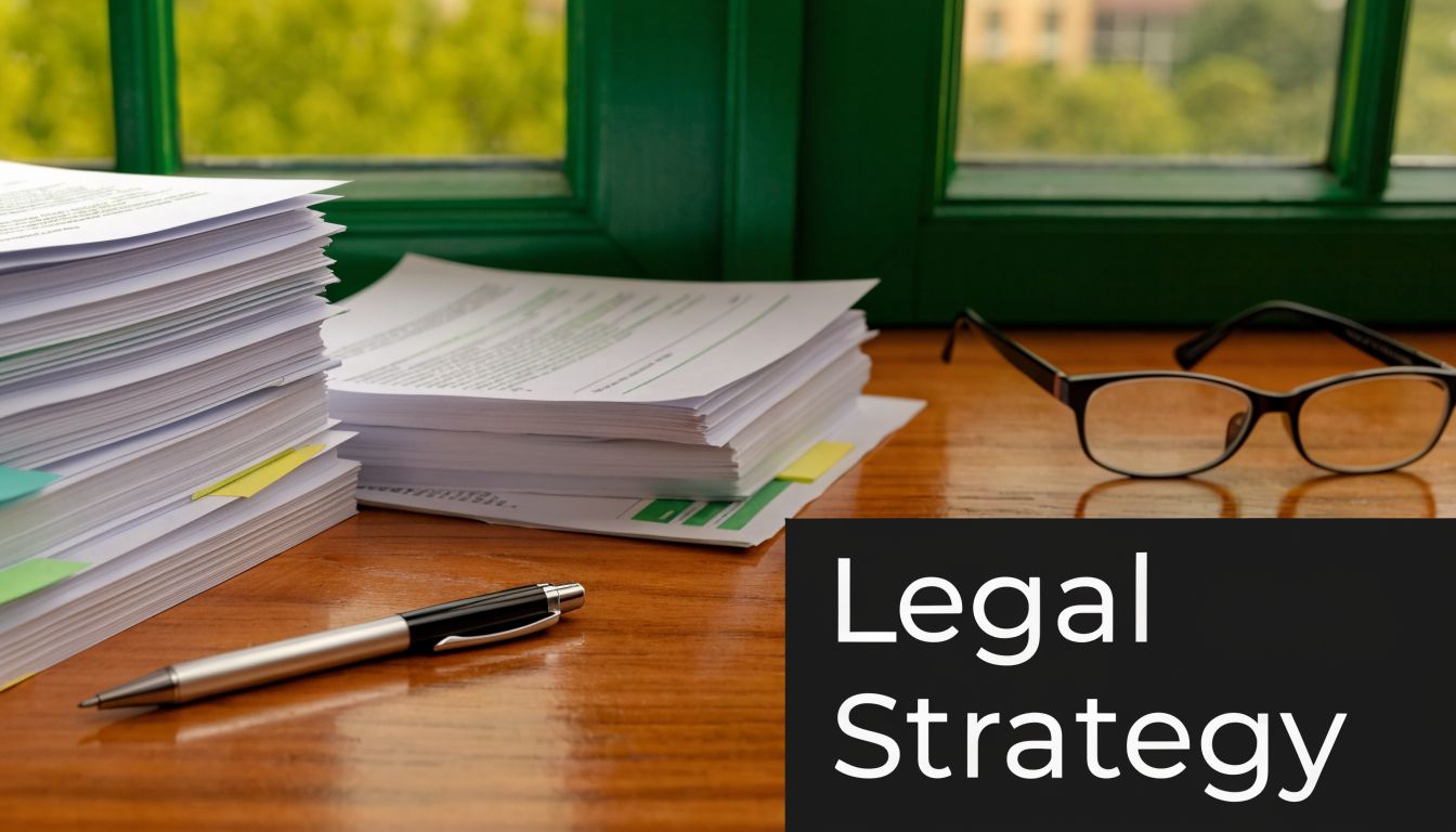 A stack of legal documents with a pen and glasses on a wooden desk near a window.