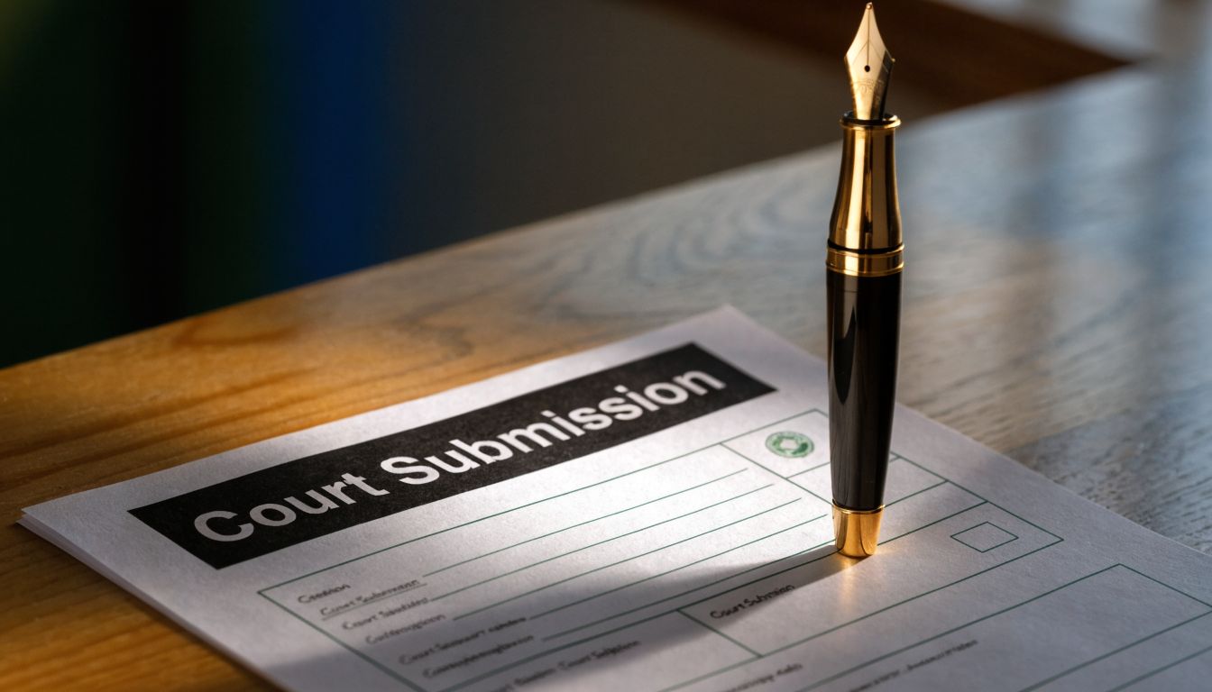 A luxurious fountain pen rests on a document titled Court Submission on a wooden desk.