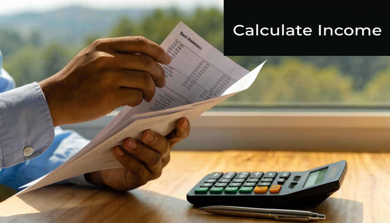A person holds a bank statement while working with a calculator at a wooden office desk.