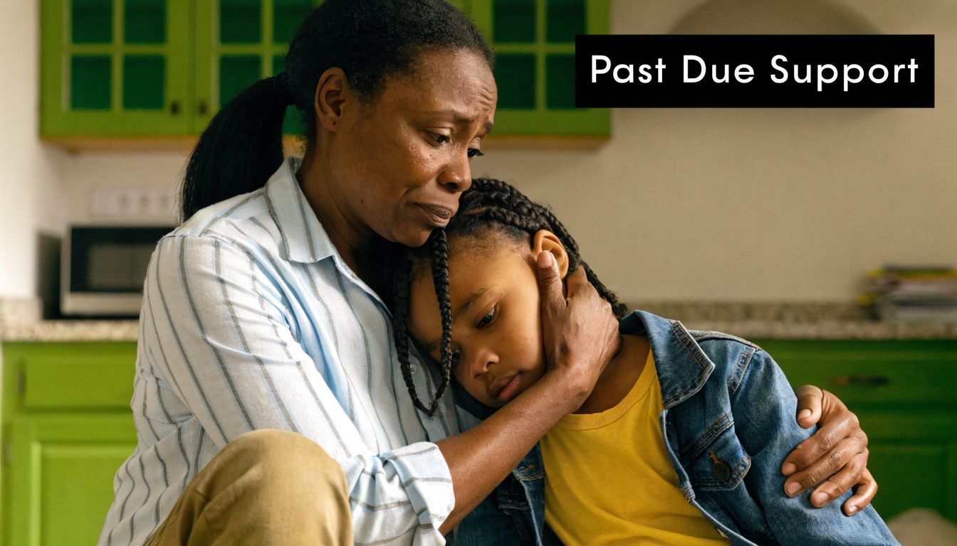 A concerned mother embraces her young daughter in a kitchen, representing the impact of unpaid child support.