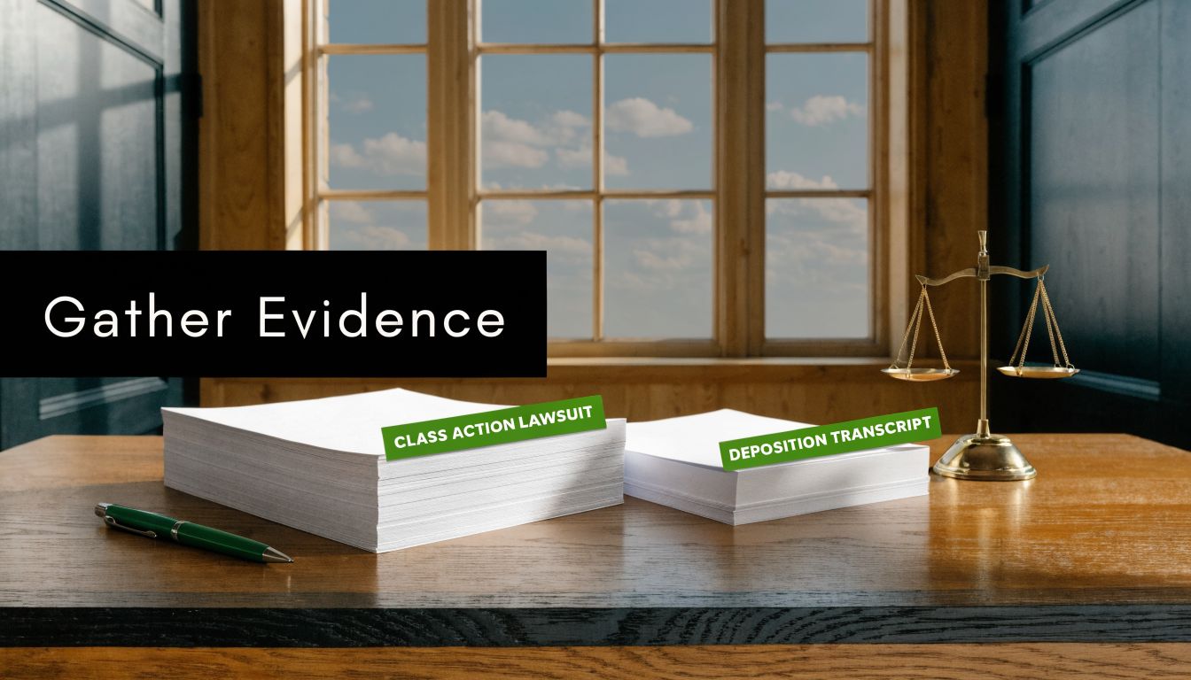 A stack of legal documents labeled class action lawsuit and deposition transcript on a wooden desk.