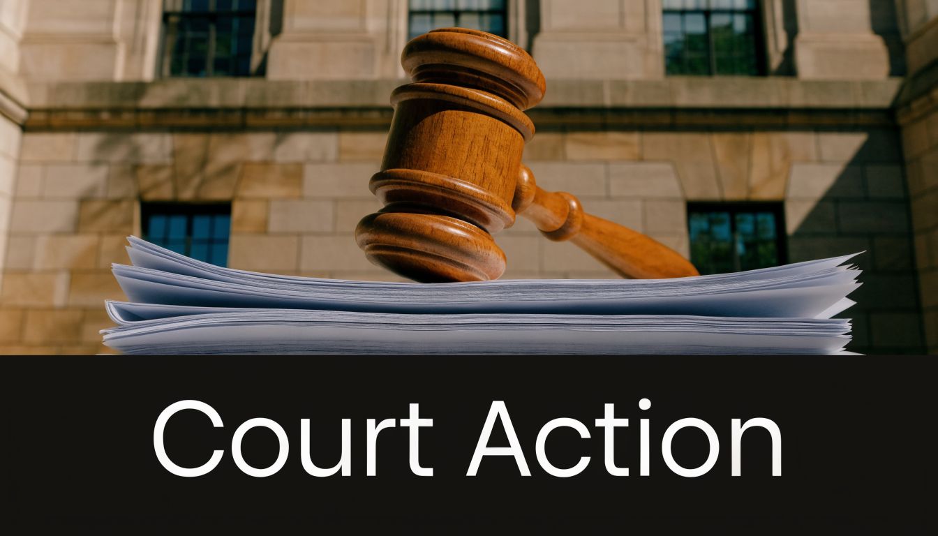 A wooden gavel resting on top of a stack of legal documents with a courthouse background.