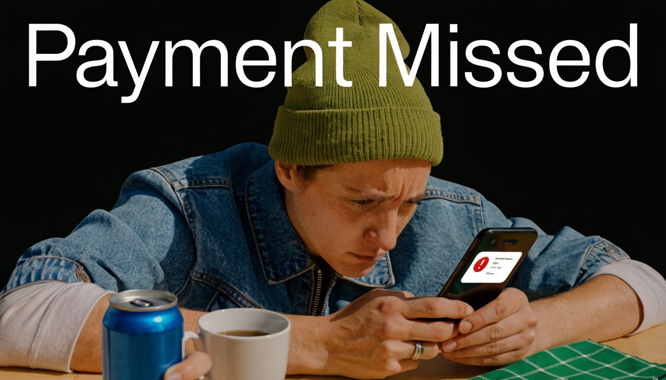 A concerned person wearing a beanie looks at a payment alert notification on their smartphone.