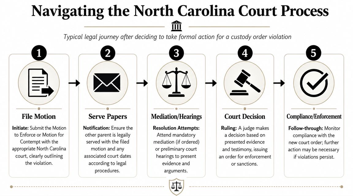 A flowchart showing the five steps of the North Carolina court process for child custody order violations.