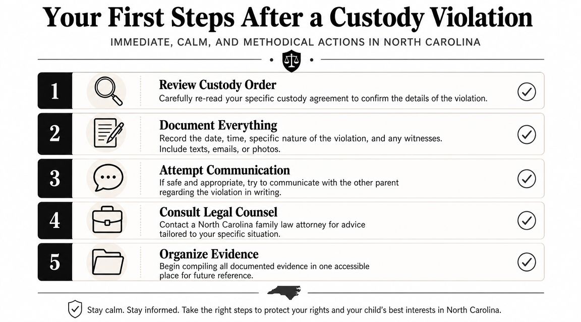 A checklist of five essential steps to take when a parent violates a custody order in North Carolina.