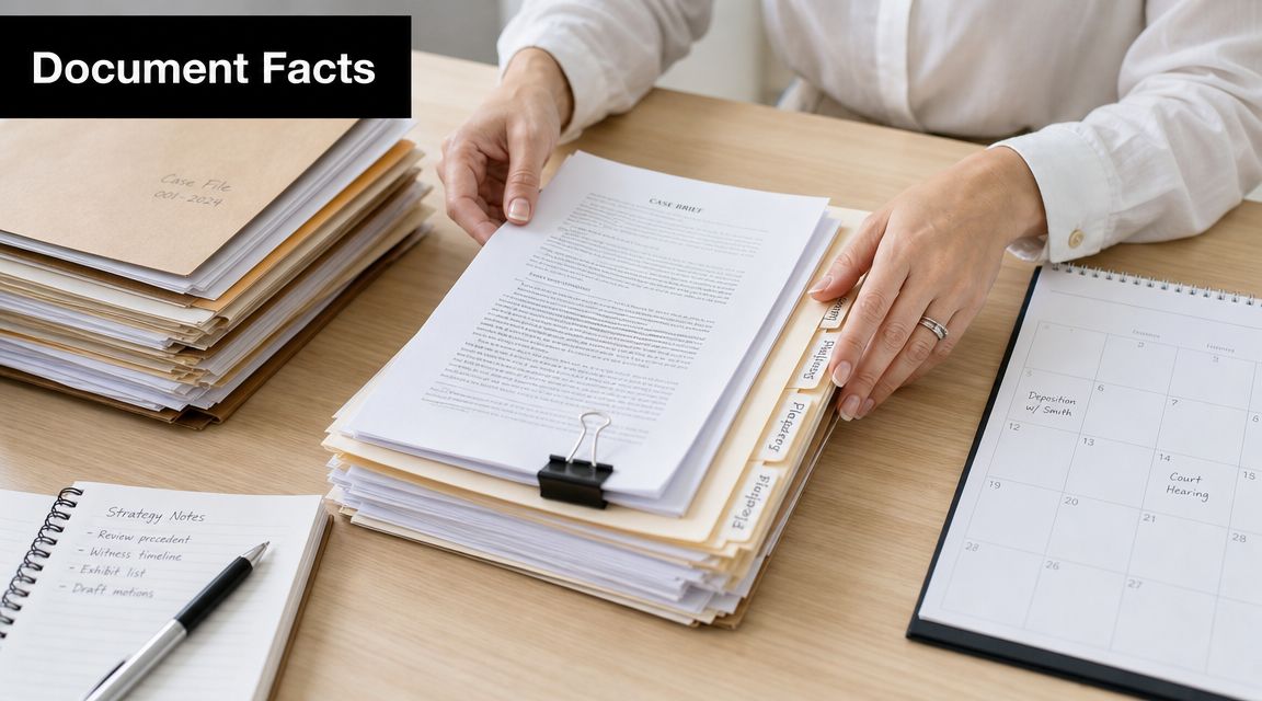 A professional organizing legal documents and files on a wooden office desk next to a calendar.