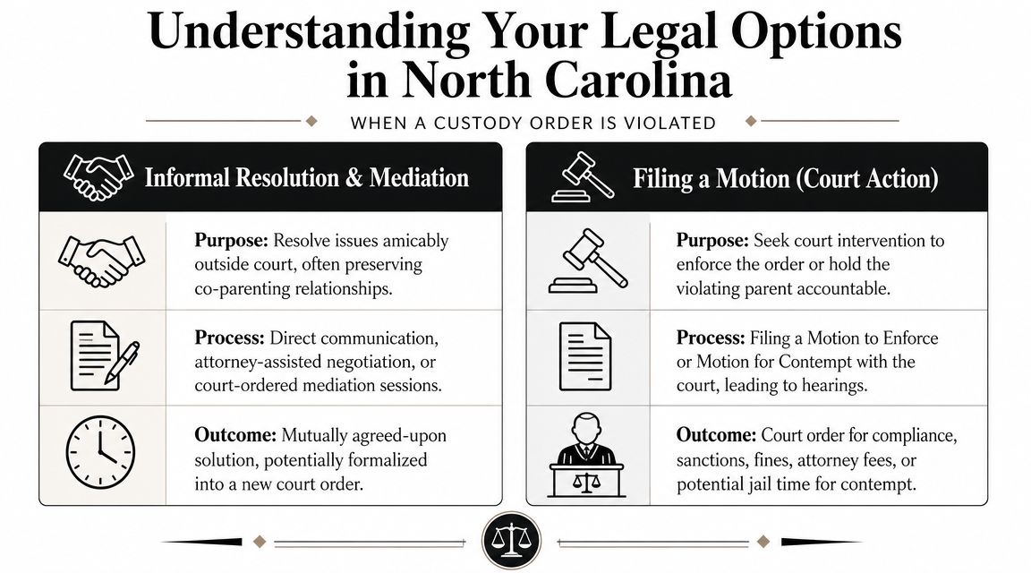 A legal infographic outlining options in North Carolina when a custody order is violated, comparing informal resolution and court-based filing.