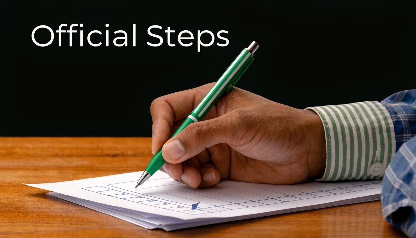 A hand holding a green pen while filling out an official document on a wooden desk.