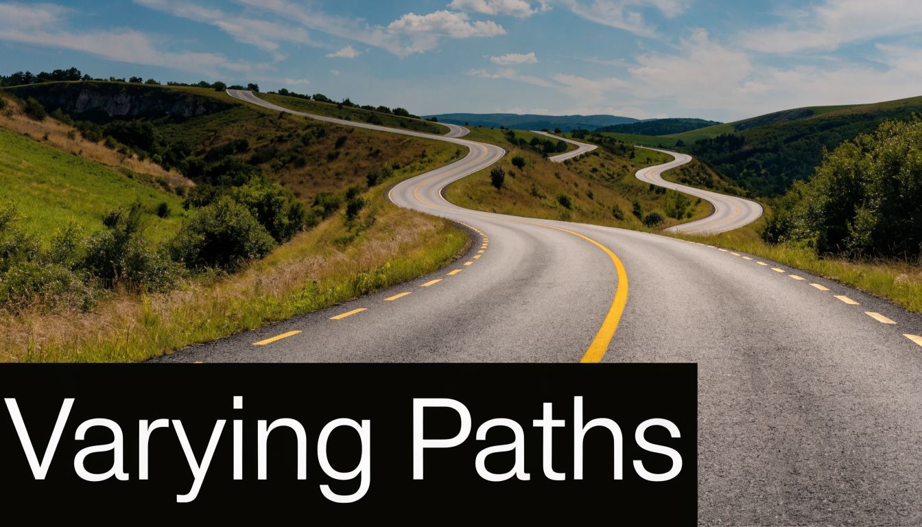 A scenic winding asphalt road curving through green rolling hills under a bright blue sky.