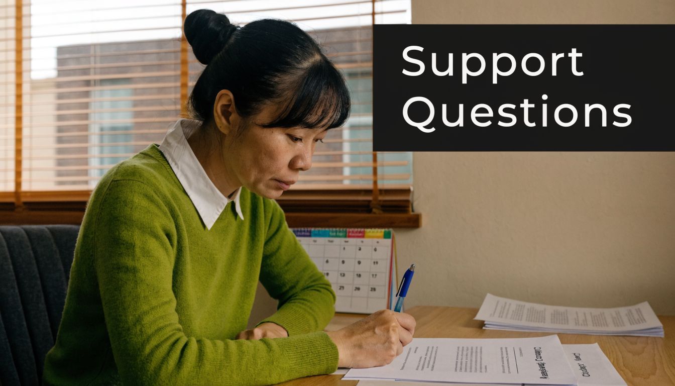An Asian woman in a green sweater sits at a desk writing on documents, studying support questions.