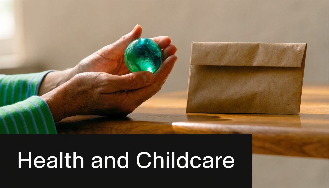 A person holding a small glowing green orb next to a brown paper envelope on a table.