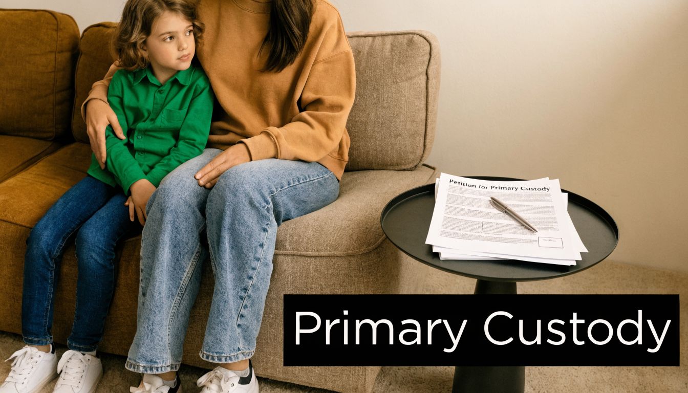 A parent comforting a young child sitting on a couch next to a document for primary custody.