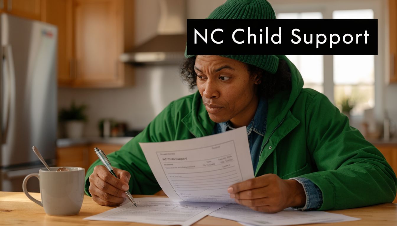A focused individual in a green hoodie reviews NC child support documents at a kitchen table.