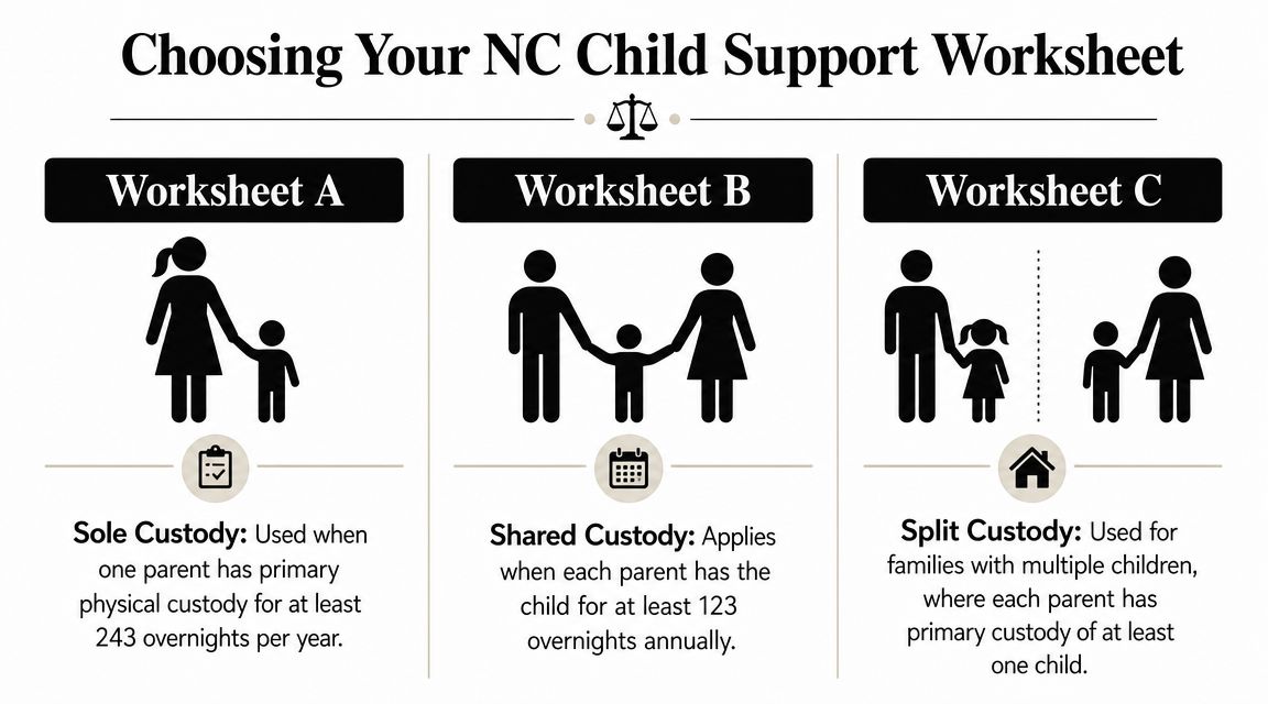 A chart illustrating the three different NC child support worksheets for sole, shared, and split custody arrangements.