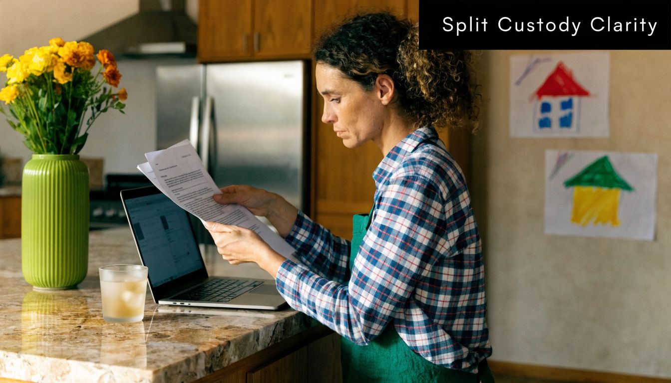 A concerned woman reviews child support documentation at a kitchen counter while working on her laptop.