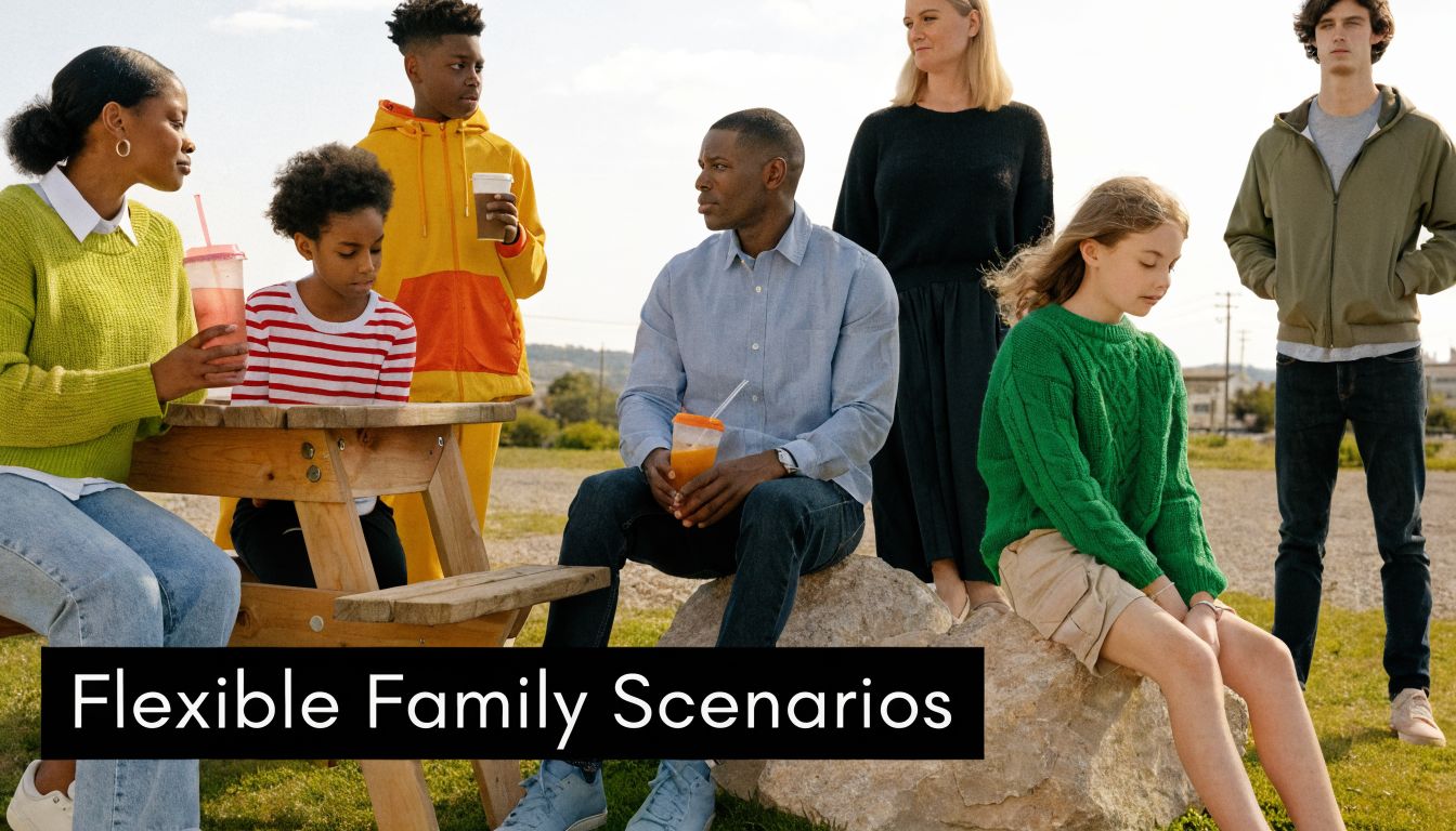 A diverse group of adults and children spending time together outdoors near a wooden table and large rock.
